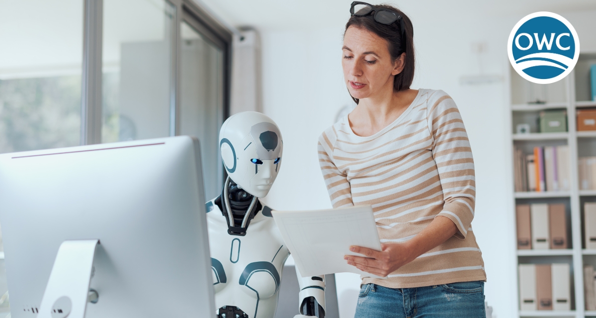 Illustration of a woman reviewing a document beside a humanoid robot in an office, with the One World Cover logo.